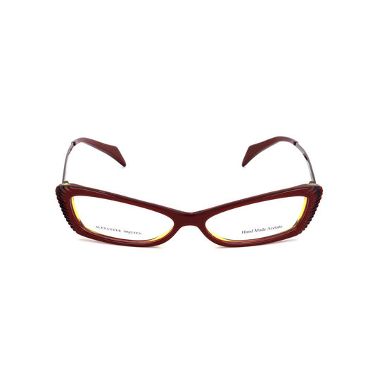 Alexander McQueen Multicolor Acetate Frames in burgundy, ruthenium grey, and yellow, front view.
