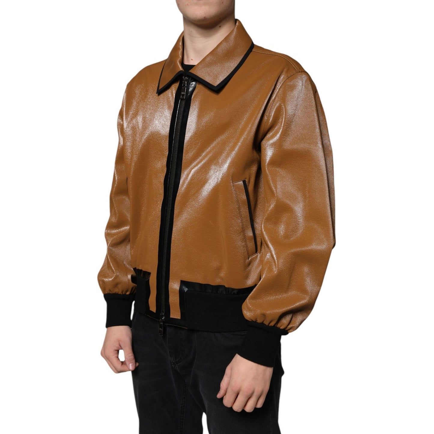 Dolce & Gabbana Brown Leather Full Zip Men Bomber Jacket