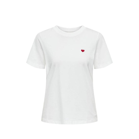 Jacqueline De Yong White Cotton T-Shirt with embroidered heart, short-sleeved, perfect for casual feminine style, crew neck, 100% cotton.