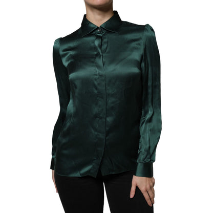 Dolce & Gabbana Dark Green Silk Button Down Long Sleeves Blouse Top Dolce & Gabbana