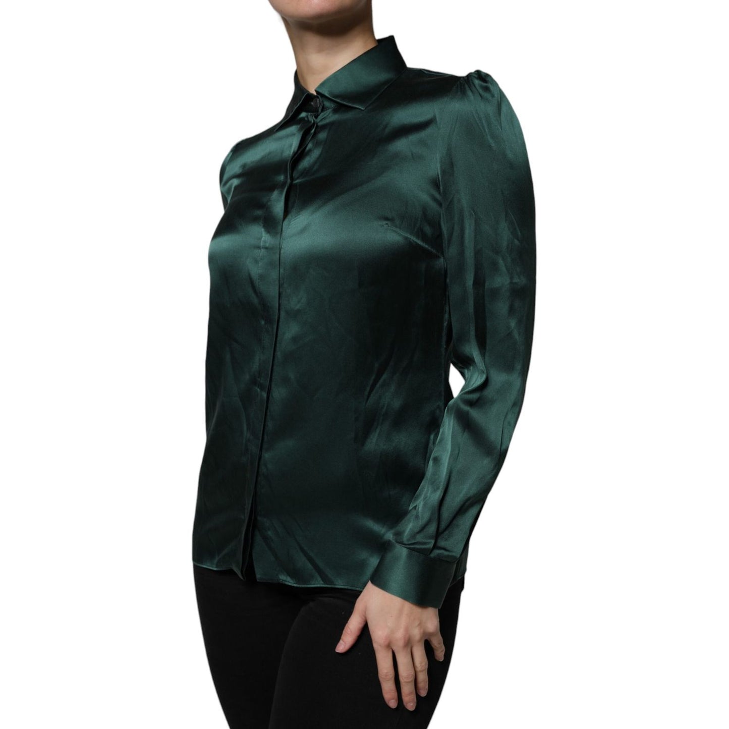 Dolce & Gabbana Dark Green Silk Button Down Long Sleeves Blouse Top Dolce & Gabbana