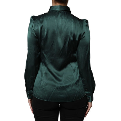 Dolce & Gabbana Dark Green Silk Button Down Long Sleeves Blouse Top Dolce & Gabbana
