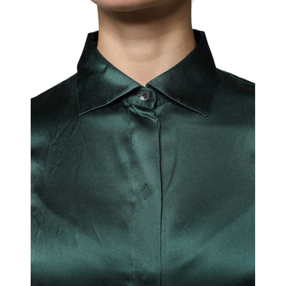Dolce & Gabbana Dark Green Silk Button Down Long Sleeves Blouse Top Dolce & Gabbana