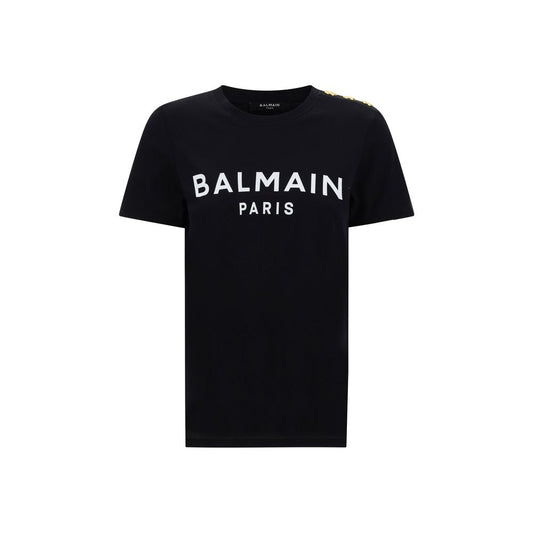 Balmain Black Cotton T-Shirt with monogram print and embossed buttons on the shoulder, featuring a ribbed crew neck and regular fit.