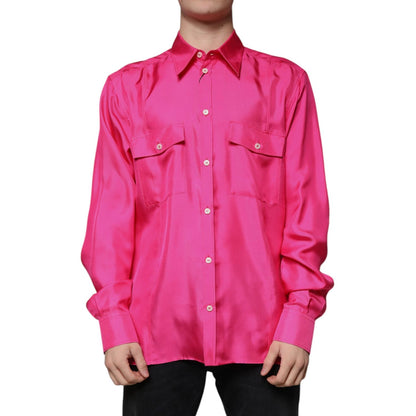Dolce & Gabbana Pink Silk Collared Button Down Men Shirt Dolce & Gabbana