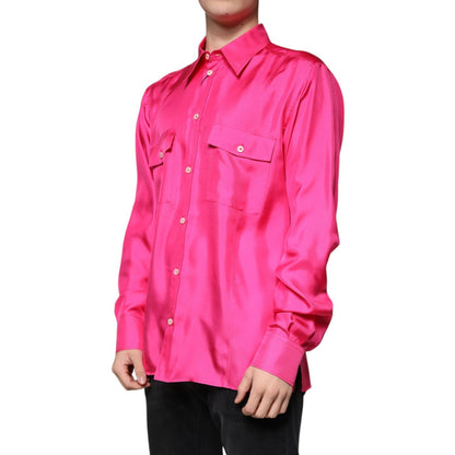 Dolce & Gabbana Pink Silk Collared Button Down Men Shirt Dolce & Gabbana