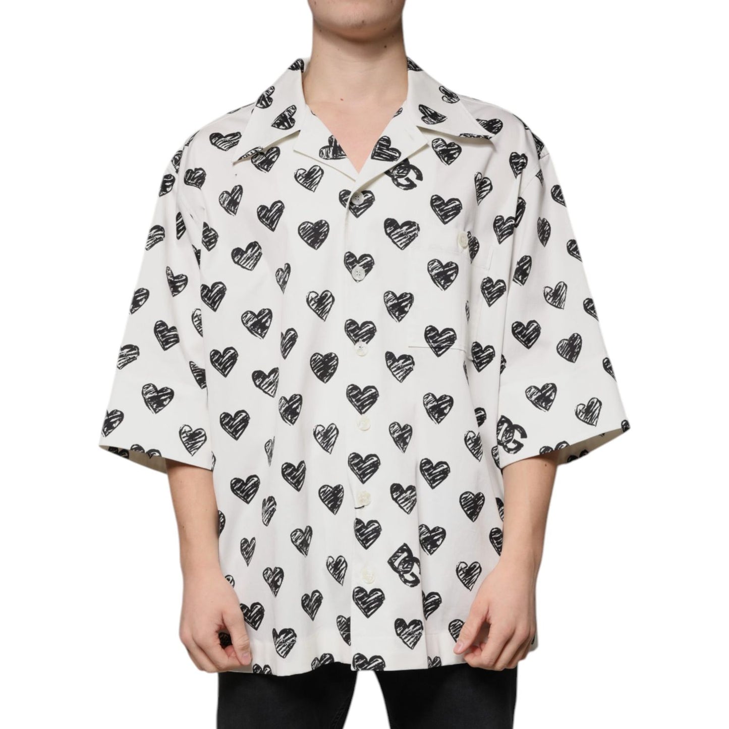 Dolce & Gabbana White Heart Print Short Sleeve Casual Shirt Dolce & Gabbana