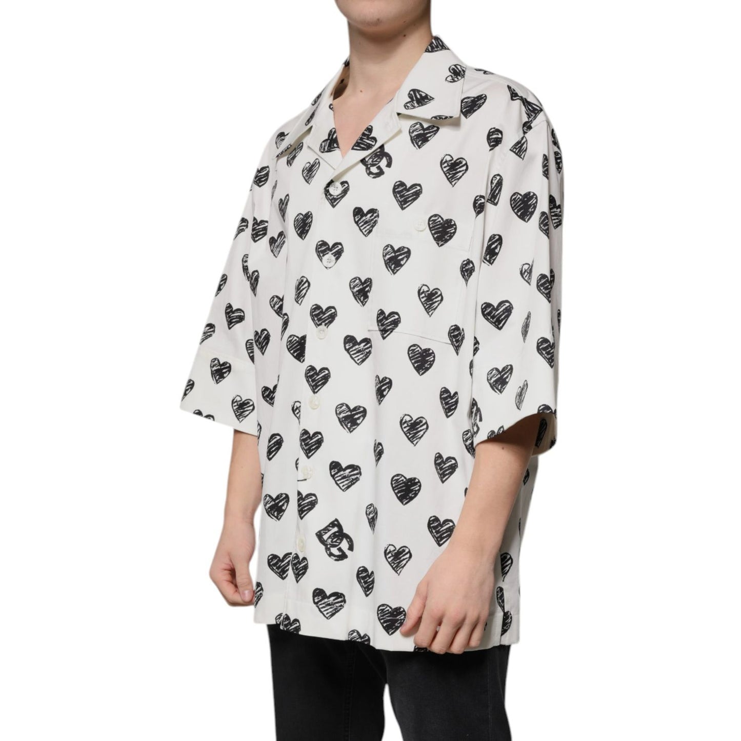 Dolce & Gabbana White Heart Print Short Sleeve Casual Shirt Dolce & Gabbana