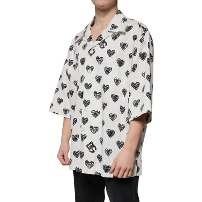 Dolce & Gabbana White Heart Print Short Sleeve Casual Shirt Dolce & Gabbana