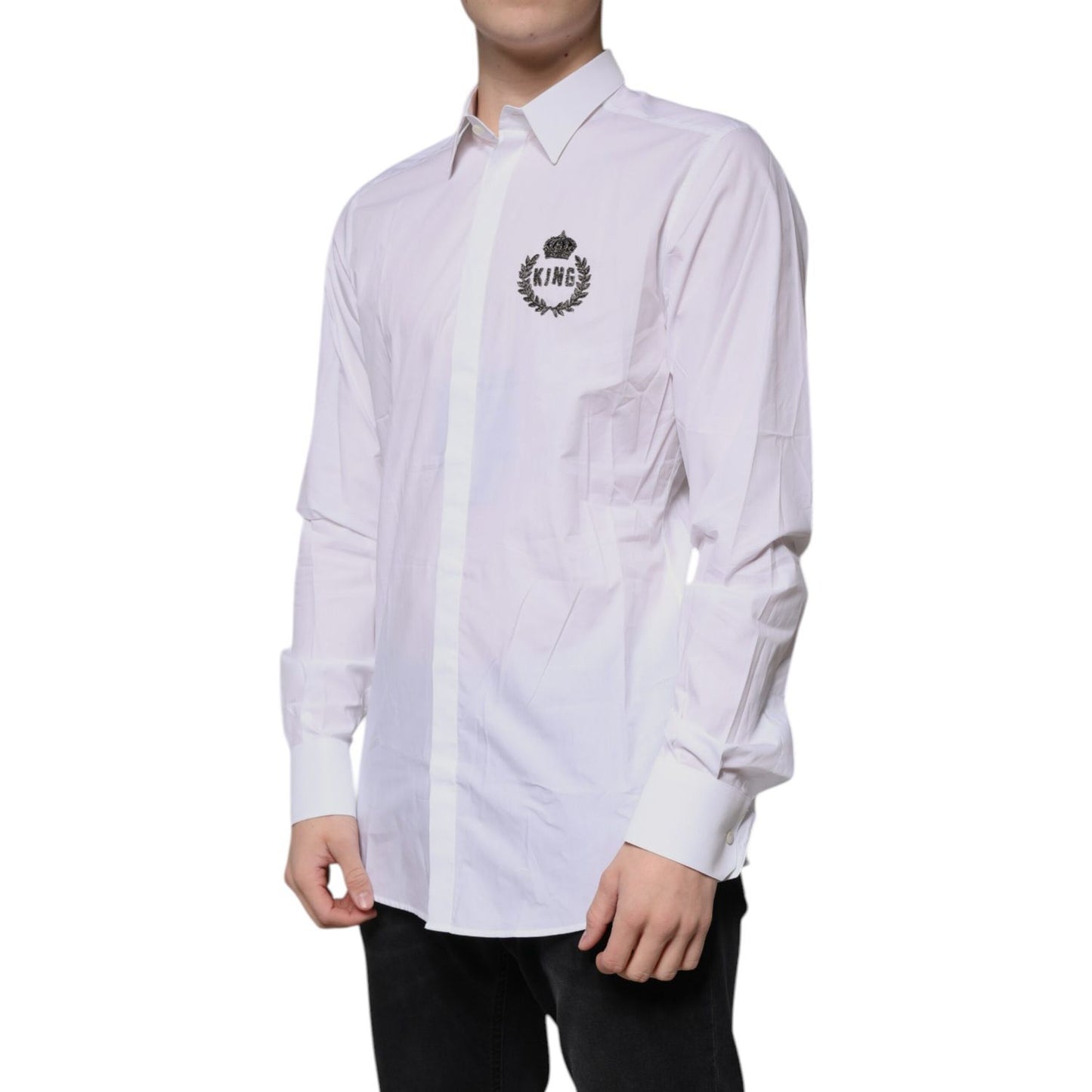 Dolce & Gabbana White Cotton Logo Formal Men GOLD Dress Shirt Dolce & Gabbana