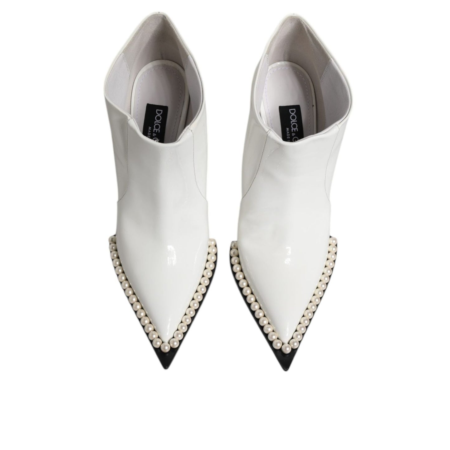 Dolce & Gabbana White Faux Pearl Leather Pointed Toe Ankle Boot Shoes