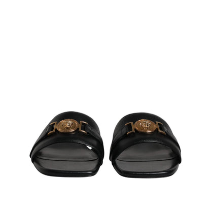 Versace Black Leather Logo Plaque Slip On Slides Flats Shoes