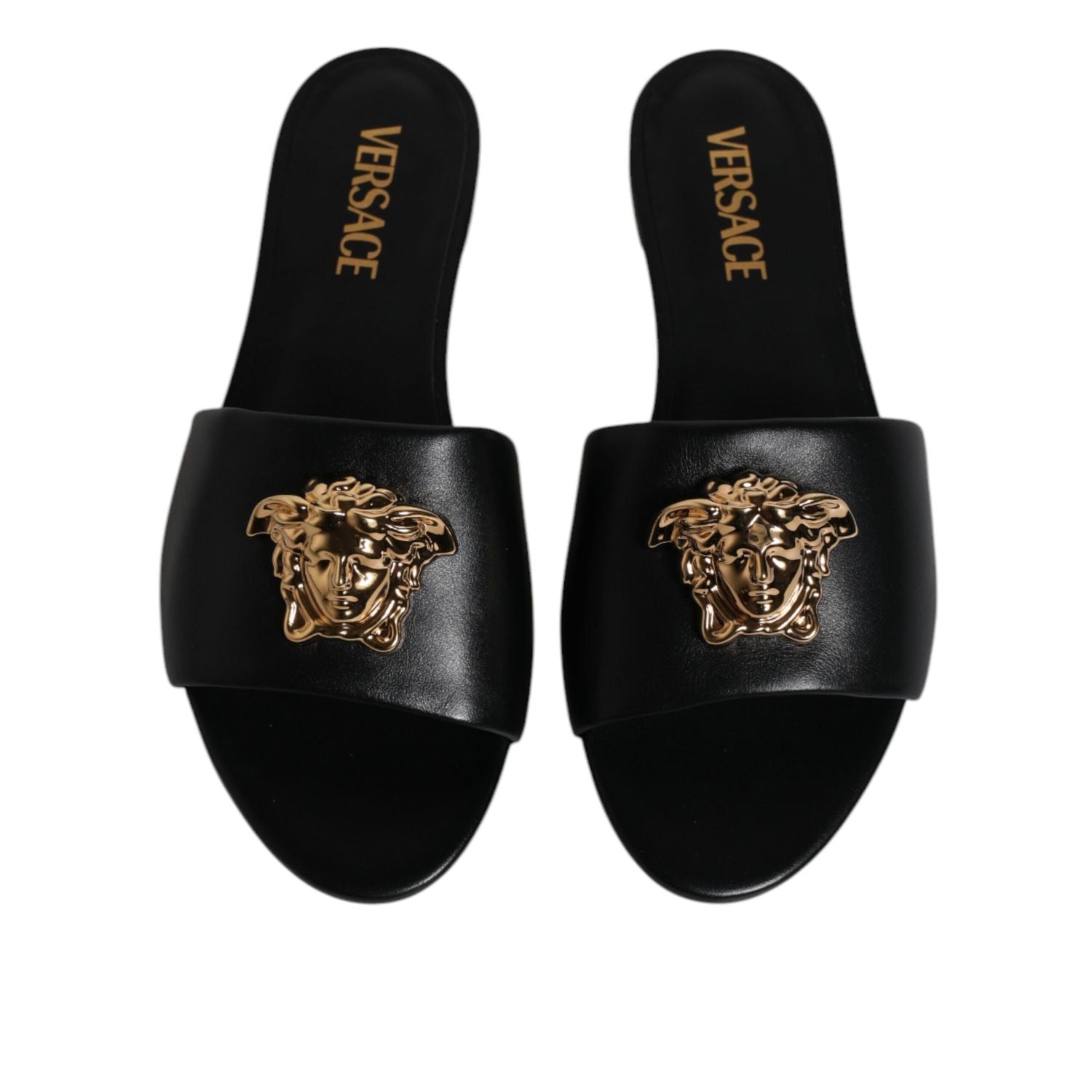 Versace Black Leather Logo Plaque Slip On Slides Flats Shoes