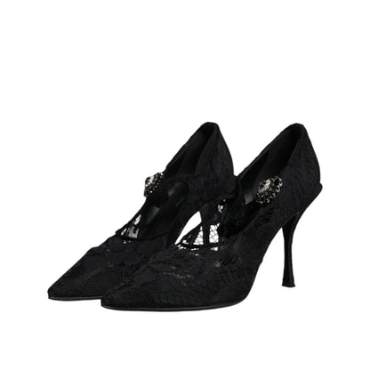 Dolce & Gabbana Black Lace Crystals Mary Jane Pumps Shoes