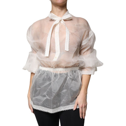 Dolce & Gabbana White Ascot Collar Long Sleeves Blouse Top Dolce & Gabbana