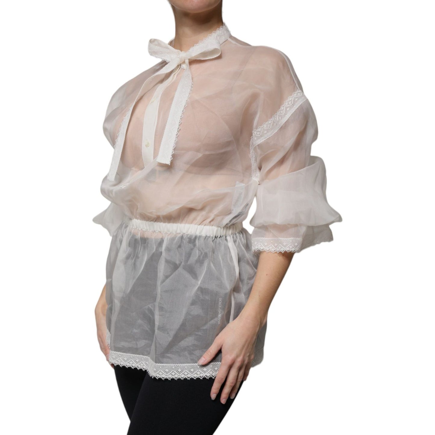 Dolce & Gabbana White Ascot Collar Long Sleeves Blouse Top Dolce & Gabbana