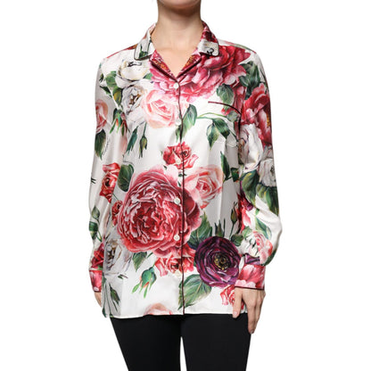 Dolce & Gabbana White Peony Silk Long Sleeves Collared Blouse Top Dolce & Gabbana