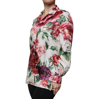 Dolce & Gabbana White Peony Silk Long Sleeves Collared Blouse Top Dolce & Gabbana