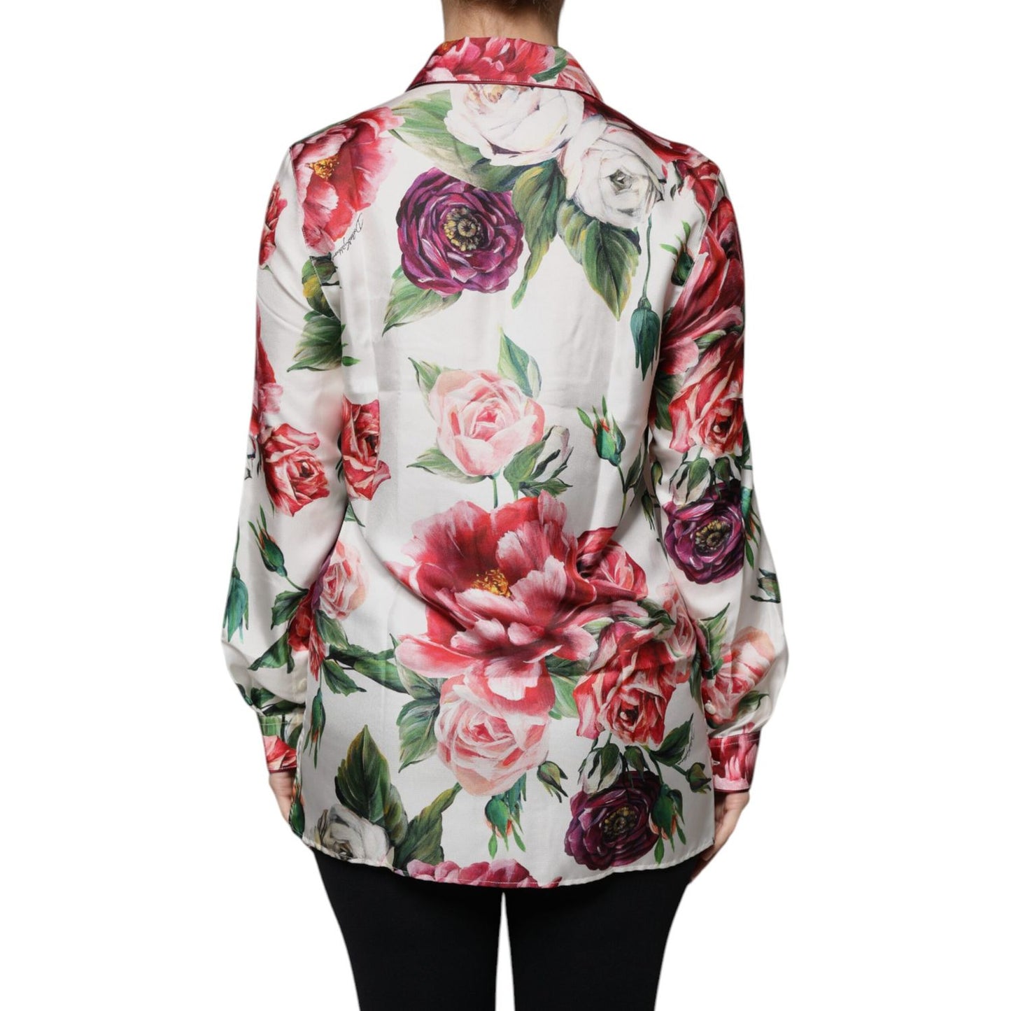 Dolce & Gabbana White Peony Silk Long Sleeves Collared Blouse Top Dolce & Gabbana