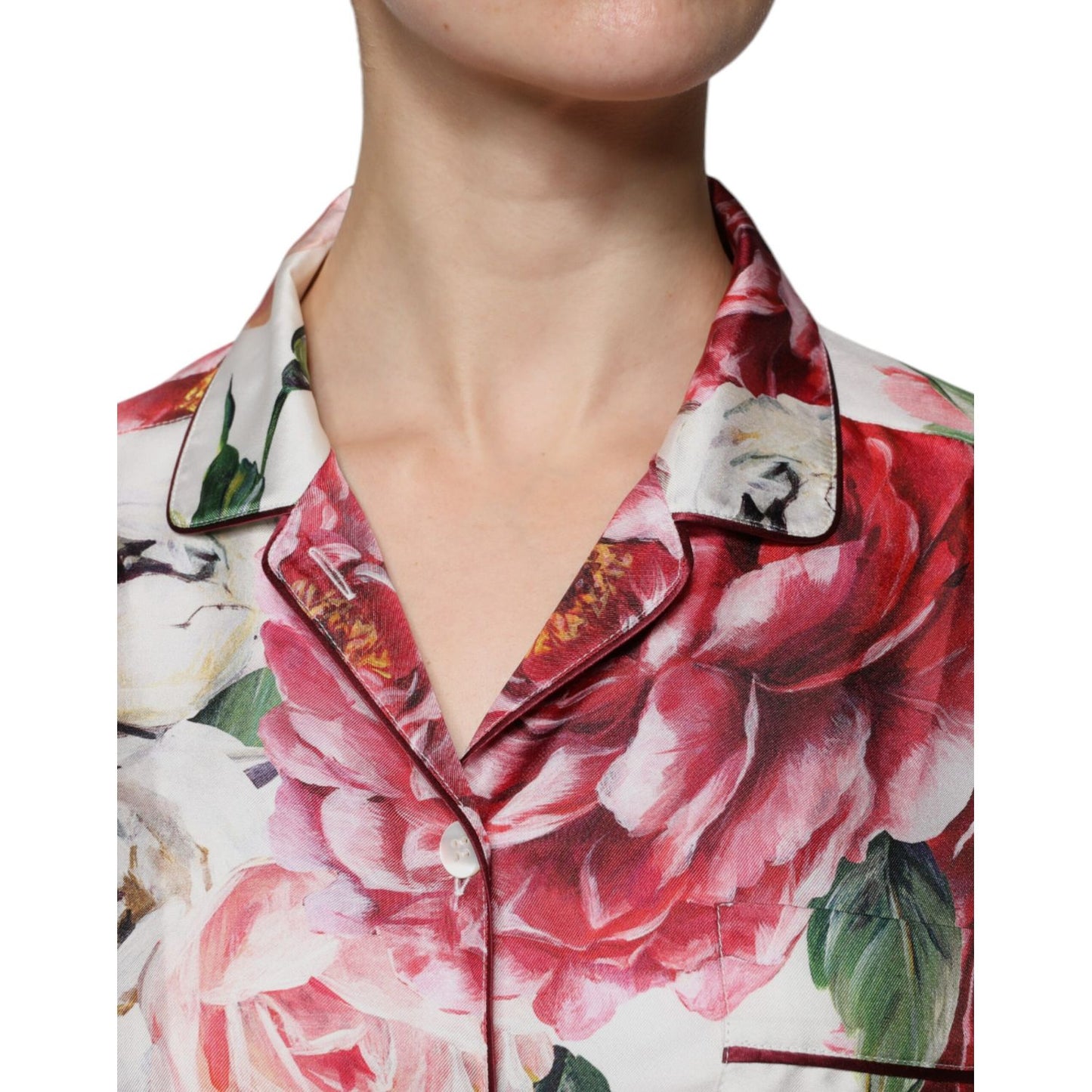 Dolce & Gabbana White Peony Silk Long Sleeves Collared Blouse Top Dolce & Gabbana
