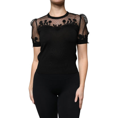 Dolce & Gabbana Black Floral Lace Short Sleeves Blouse Top Dolce & Gabbana