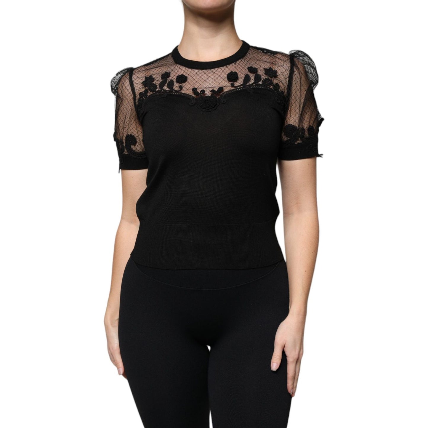 Dolce & Gabbana Black Floral Lace Short Sleeves Blouse Top Dolce & Gabbana