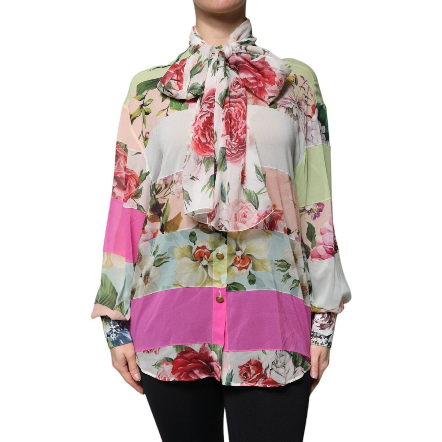 Dolce & Gabbana Multicolor Floral Patchwork Ascot Collar Top Dolce & Gabbana