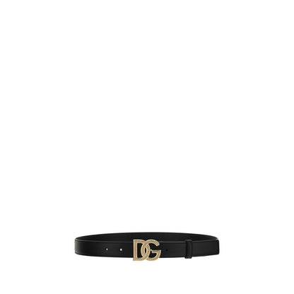 Dolce & Gabbana Black Calf Leather Bos Taurus Regular Belt with iconic metallic monogram buckle, elegant and versatile accessory.