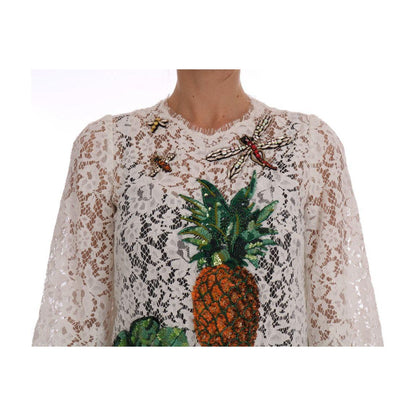 Dolce & Gabbana White Crystal Embellished Lace Blouse