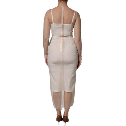 Dolce & Gabbana White Sheer Tulle Bustier Bodycon Midi Dress