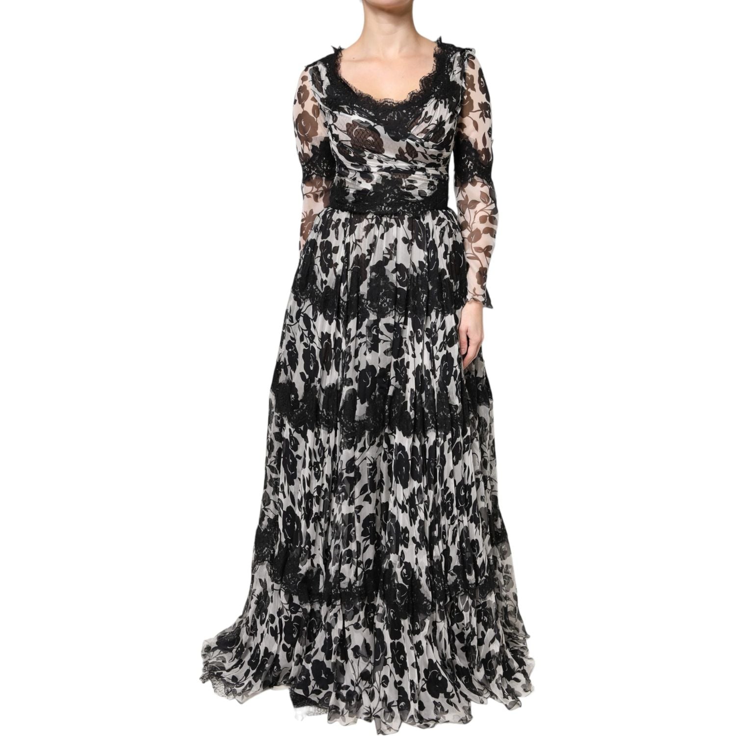 Dolce & Gabbana Black Silk Floral Lace Ricamo Ball Maxi Dress