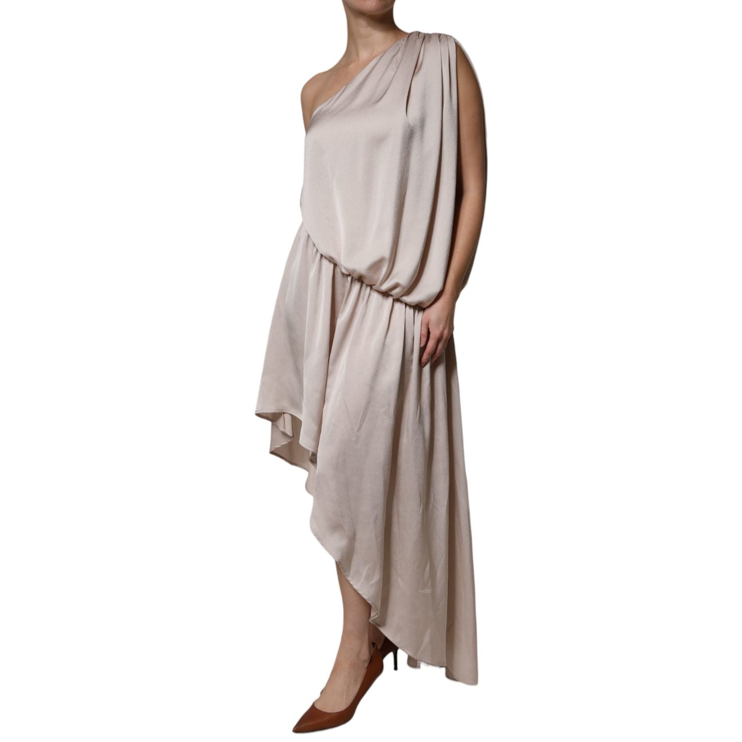 Christian Pellizzari Beige One Shoulder Asymmetric Drape Dress