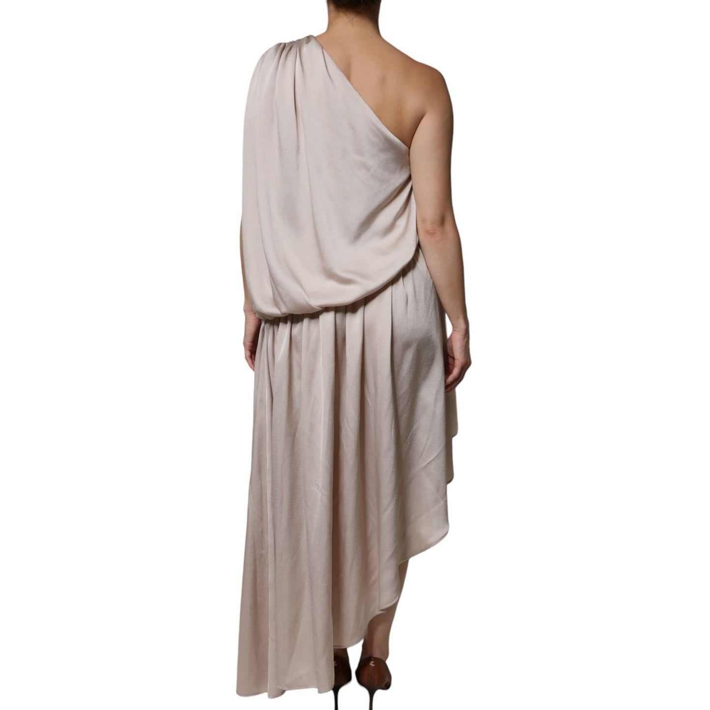 Christian Pellizzari Beige One Shoulder Asymmetric Drape Dress