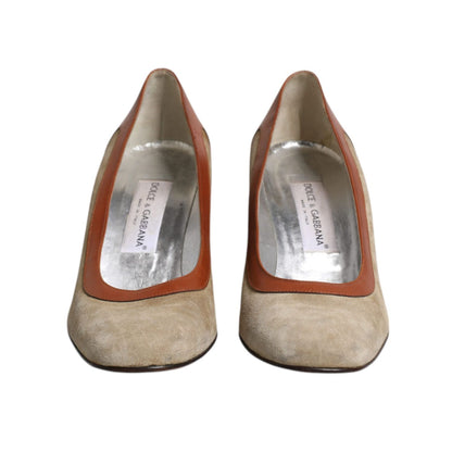 Dolce & Gabbana Beige Brown Leather Block Heels Pumps Shoes