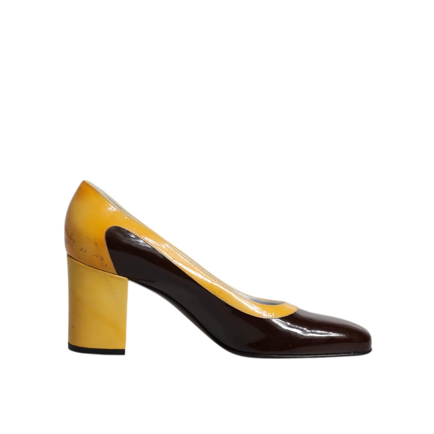 Dolce & Gabbana Yellow Brown Leather Block Heel Pumps Shoes