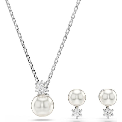 Elegant Swarovski pearl necklace and earring set with sparkling crystal accents.