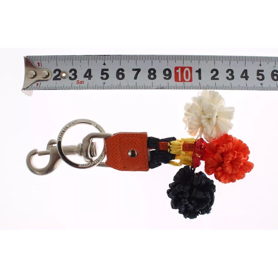 Dolce & Gabbana Silver Brown Raffia Leather Clasp Finder Chain Keyring