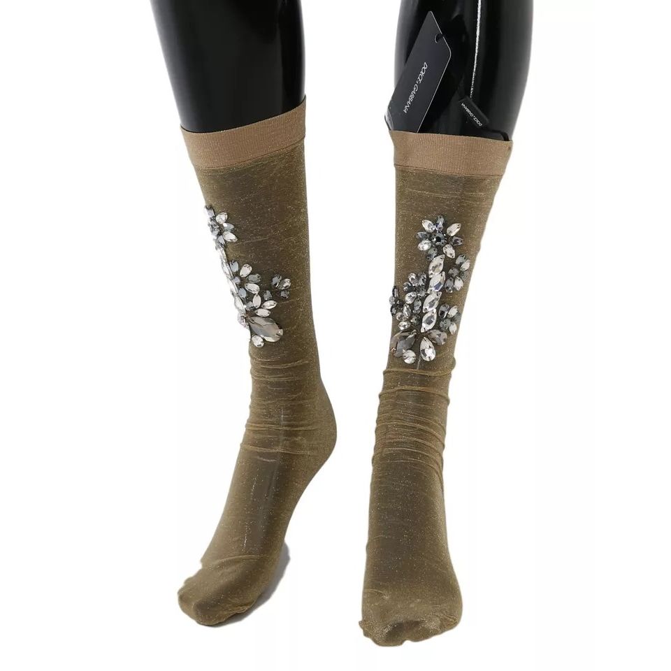 Dolce & Gabbana Gold Stretch Floral Clear Crystal Stocking Socks