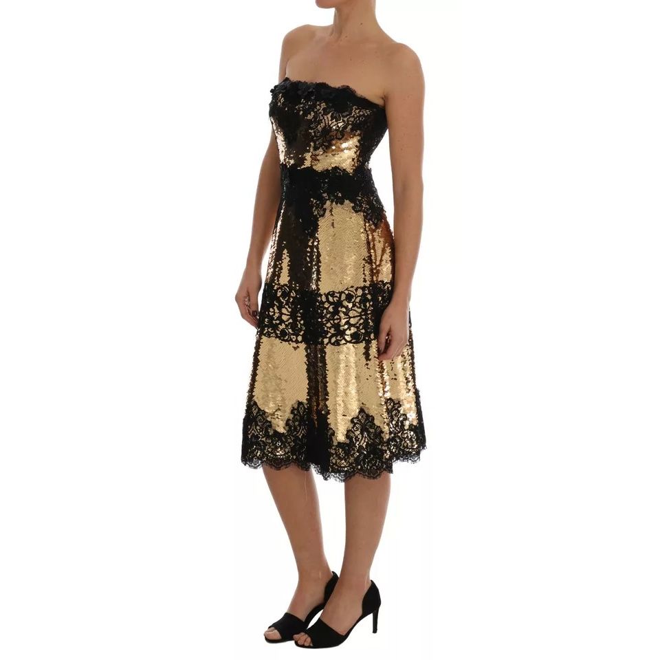 Dolce & Gabbana Gold Strapless Sequin Embellished Lace Dress