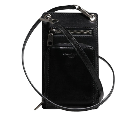 Dolce & Gabbana Black Horse Leather Zip Logo Shoulder Neck Strap Wallet