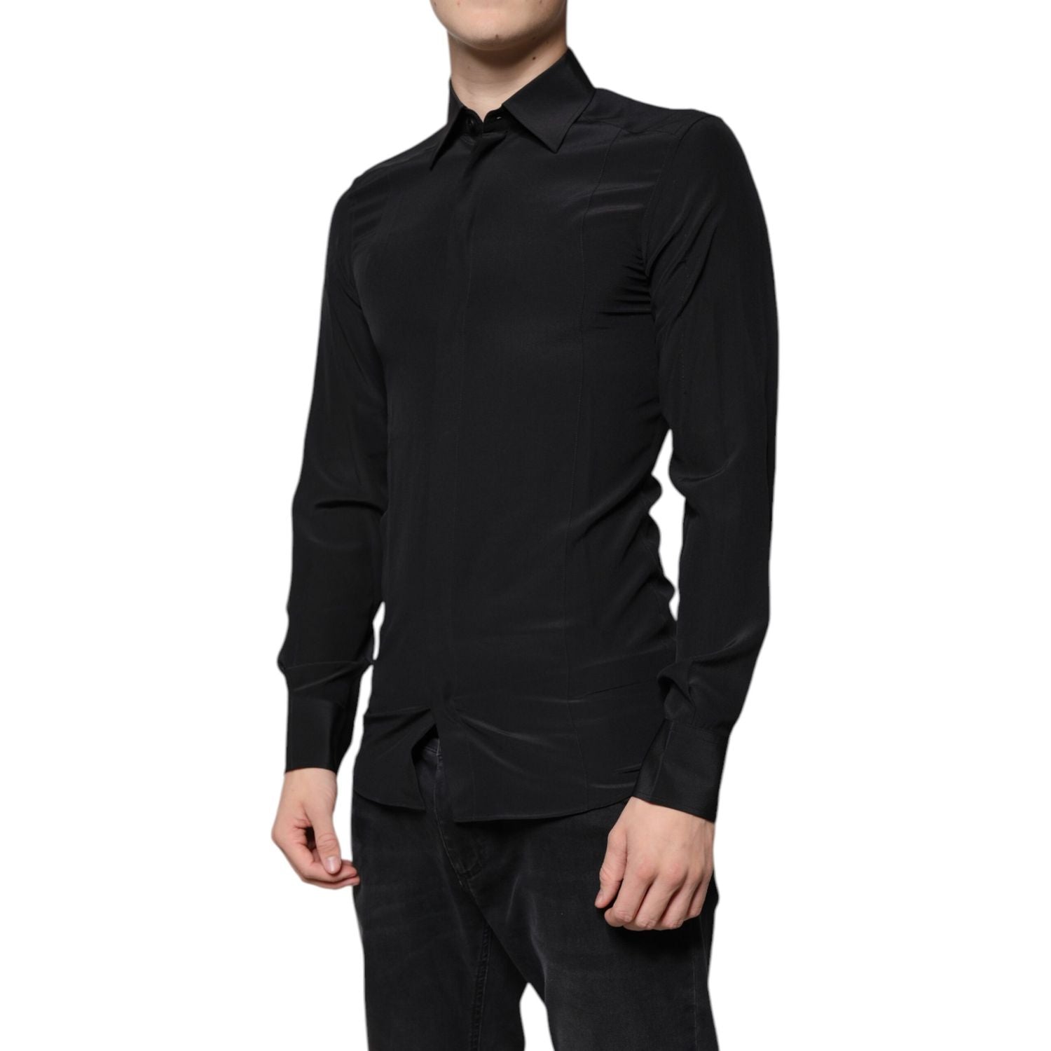 Dolce & Gabbana Black Silk Long Sleeves GOLD Dress Shirt