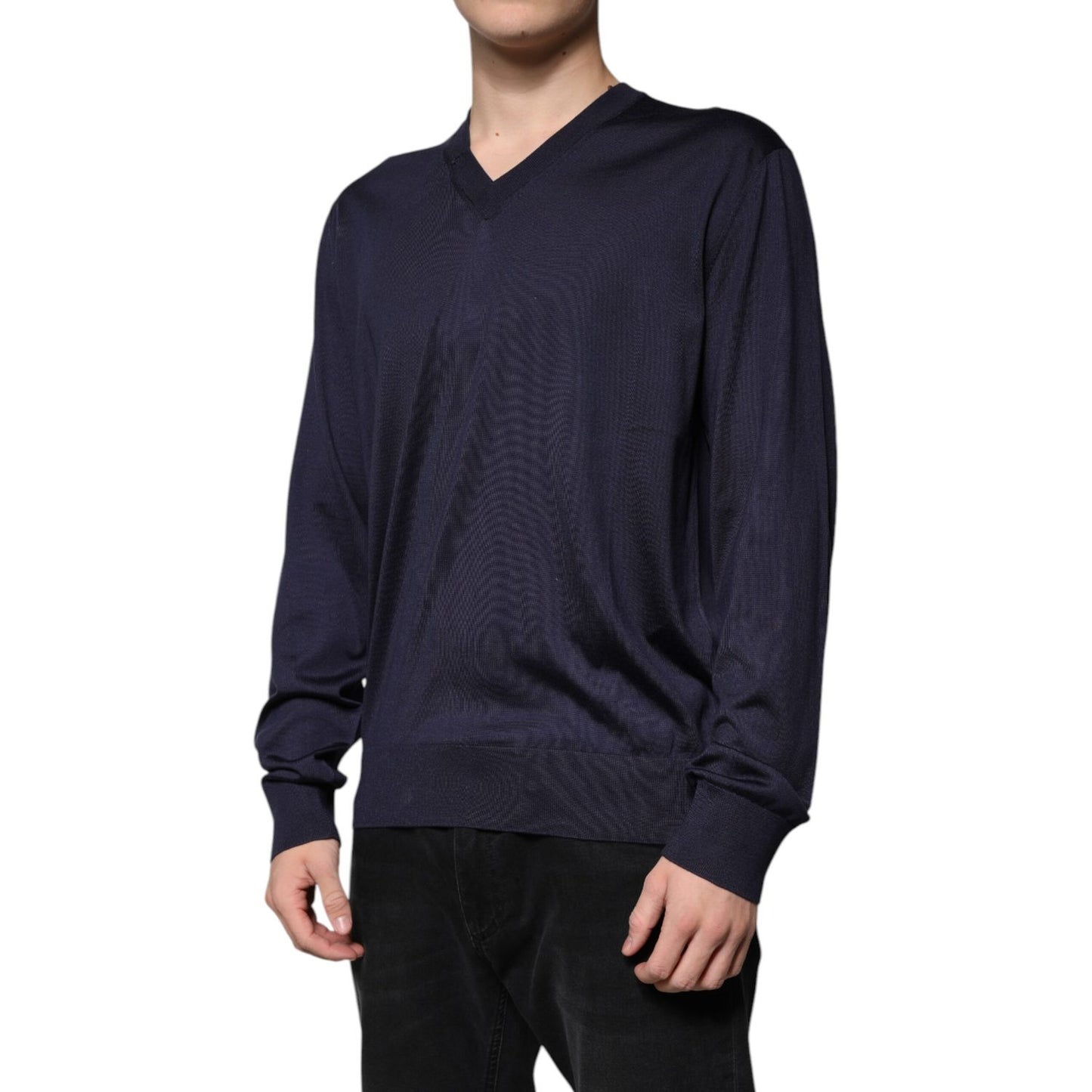 Dolce & Gabbana Navy Blue Silk V-neck Pullover Sweater