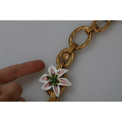 Dolce & Gabbana Gold Brass Oversize Chain LILY Flowers Necklace