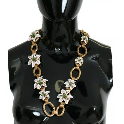 Dolce & Gabbana Gold Brass Oversize Chain LILY Flowers Necklace