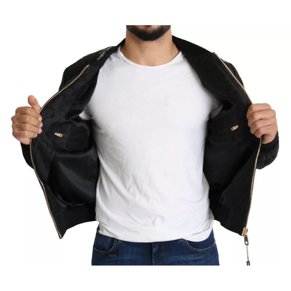 Dolce & Gabbana Black Logo Patch Brocade Bomber Full Zip Jacket