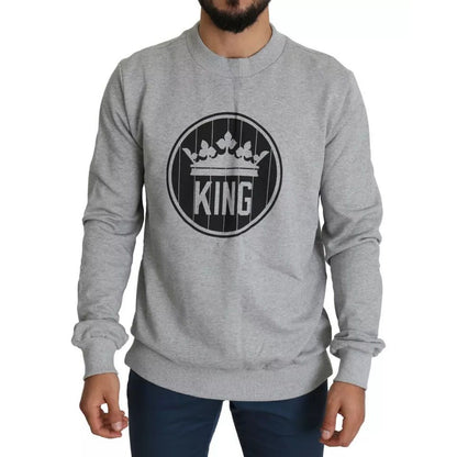 Dolce & Gabbana Gray Crown King Print Cotton Pullover Sweater