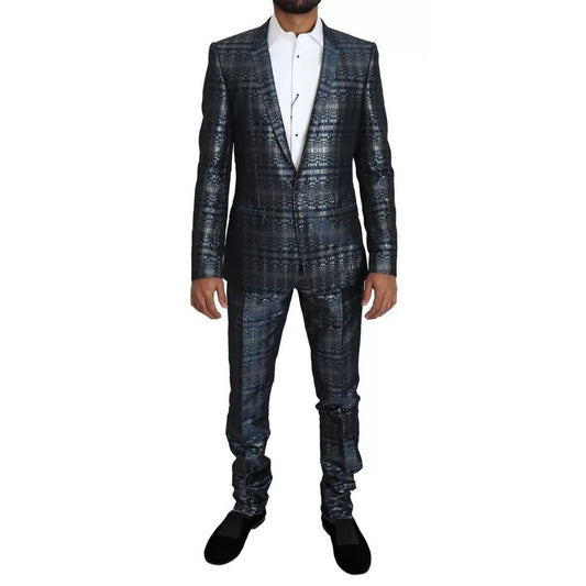 Dolce & Gabbana Blue Silver Shiny 2 Piece Slim GOLD Suit