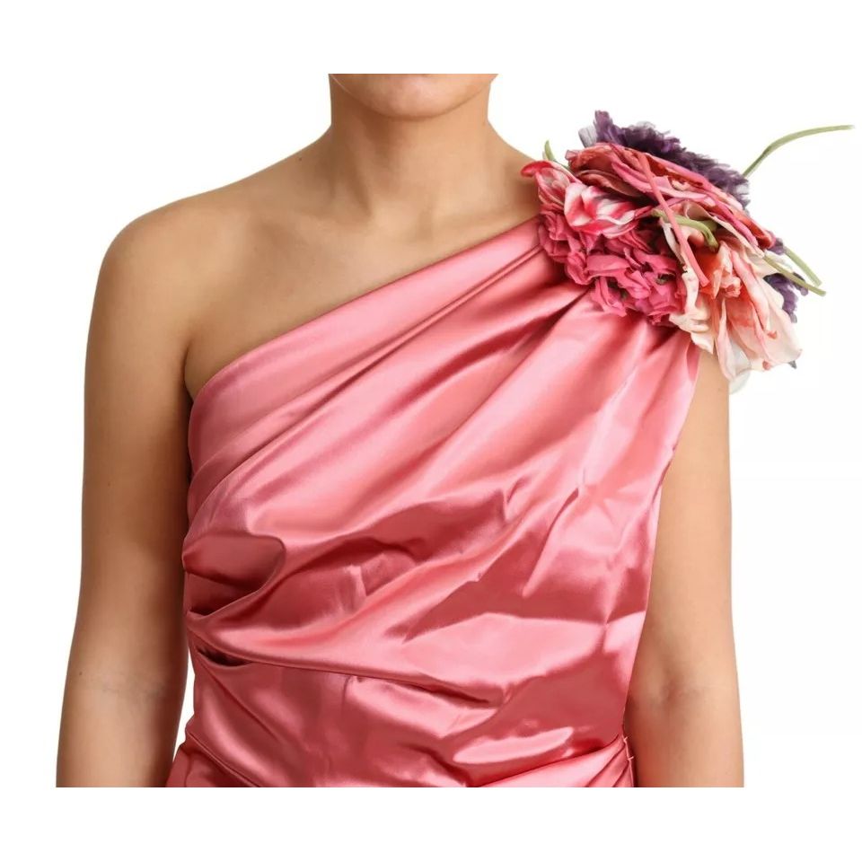 Dolce & Gabbana Pink Draped Midi Flower Applique Dress