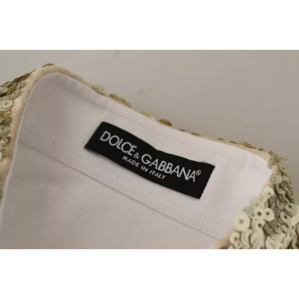Dolce & Gabbana White Cotton Collared Long Sleeves Sequin Top Shirt