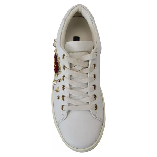Dolce & Gabbana White Leather Gold Red Heart Sneakers Shoes LA10012-35